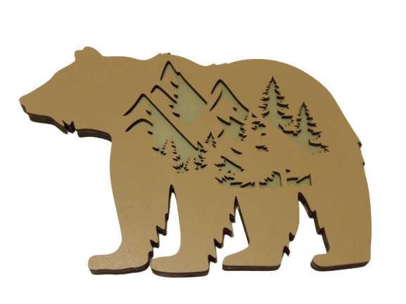 Bear Body with Mountains and Forest of Trees Wooden Sign