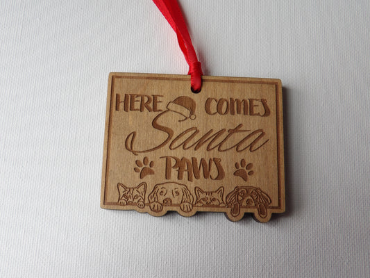 Here Comes Santa Paws Dog and Cat Wooden Christmas Tree Ornament