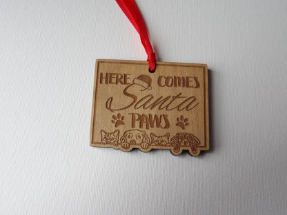 Here Comes Santa Paws Dog and Cat Wooden Christmas Tree Ornament