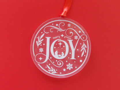 JOY - Mary, Joseph, and Jesus Manger Scene Acrylic Christmas Tree Ornament