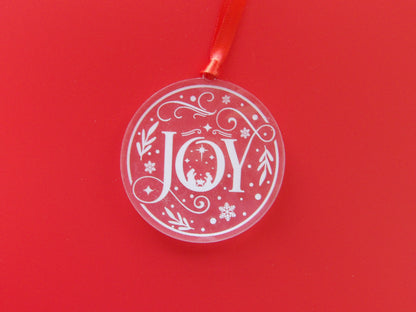 JOY - Mary, Joseph, and Jesus Manger Scene Acrylic Christmas Tree Ornament