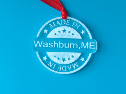 Personalized Made In TOWN, STATE Clear Acrylic Christmas Tree Ornament