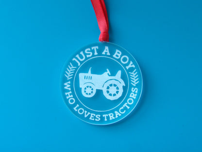 Just A Boy Who Loves Tractors Clear Acrylic Christmas Tree Ornament Version 2 - Tractor