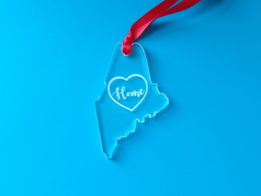 State of Maine Home Heart Clear Acrylic Christmas Tree Ornament