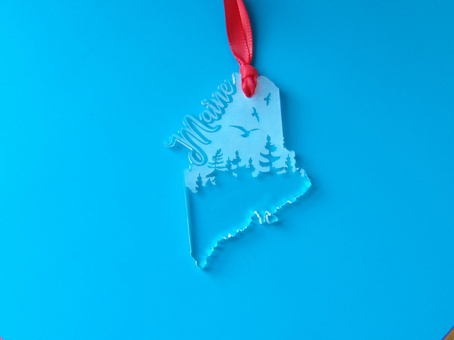 State of Maine Birds and Trees Clear Acrylic Christmas Tree Ornament
