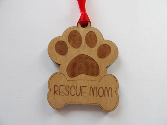 Paw Print and Bone Rescue Mom Wooden Christmas Tree Ornament