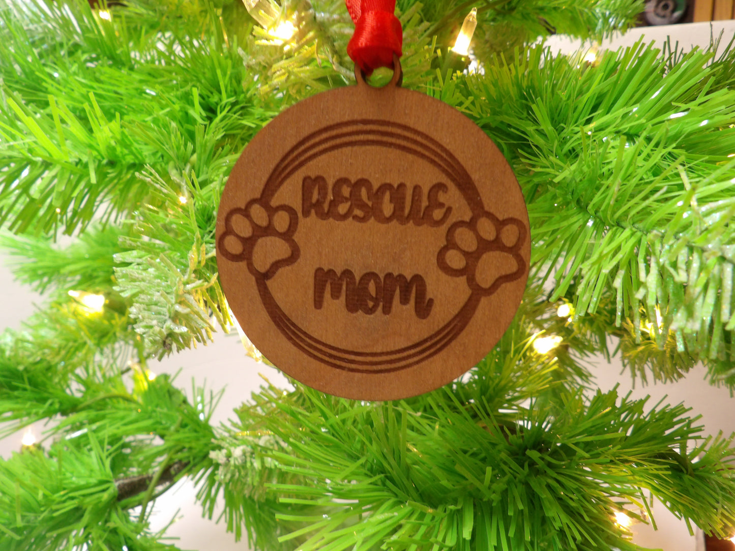 Rescue Mom Paw Prints Wooden Christmas Tree Ornament
