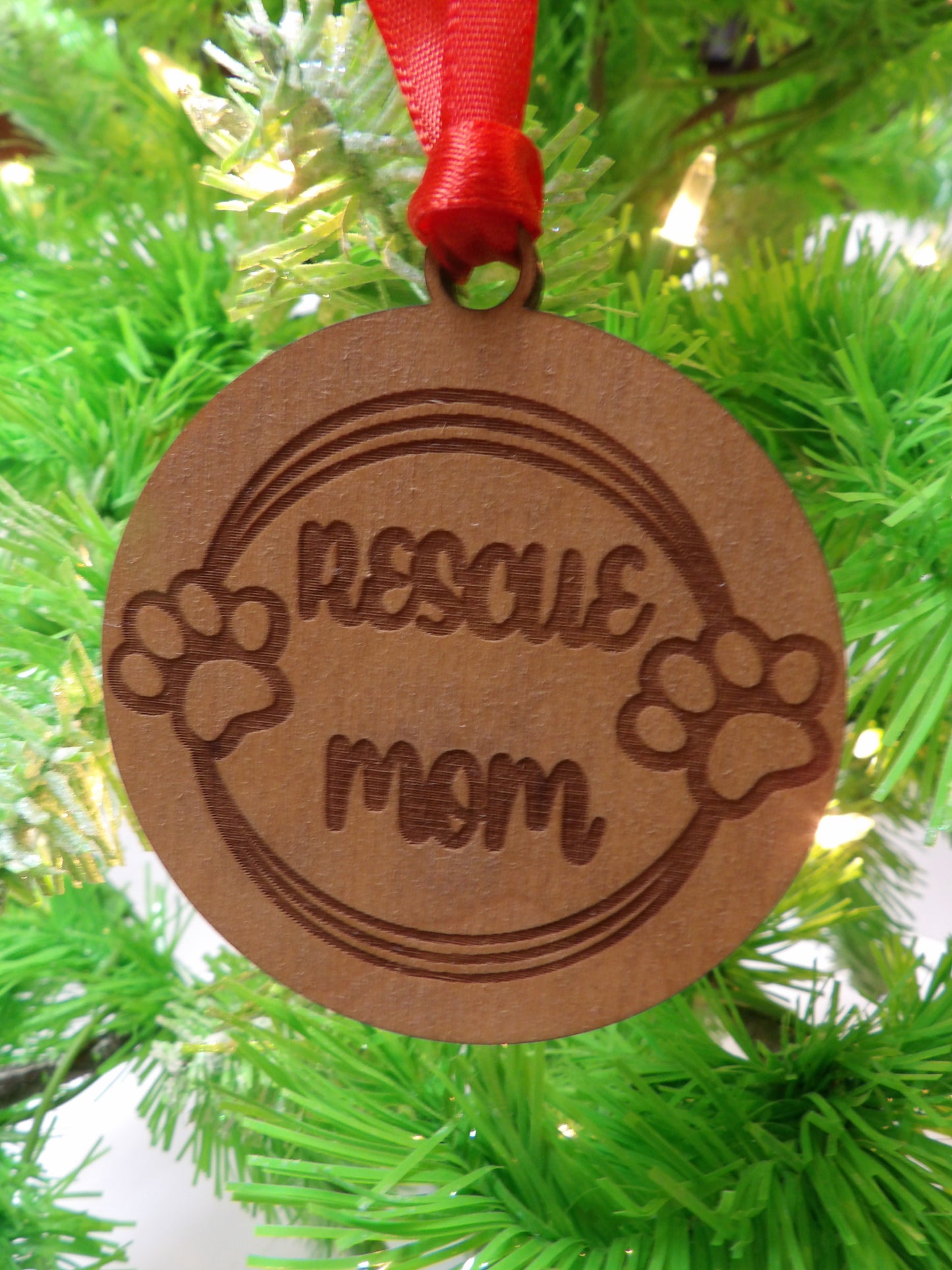 Rescue Mom Paw Prints Wooden Christmas Tree Ornament