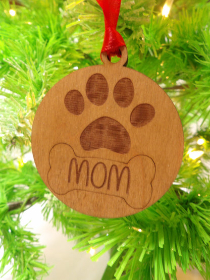 Paw Print and Bone Mom Wooden Christmas Tree Ornament