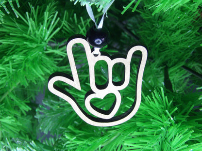 Silent Symphony: American Sign Language "I Love You" Wooden Christmas Tree Ornament