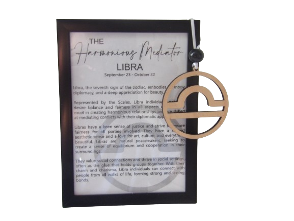 The Harmonious Mediator: Libra Astrological Sign Framed Story Card and Wooden Ornament Gift Set