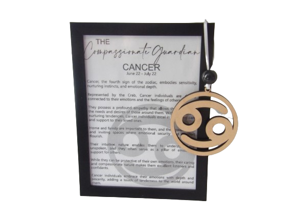 The Compassionate Guardian: Cancer Astrological Sign Framed Story Card and Wooden Ornament Gift Set