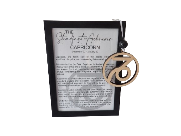 The Steadfast Achiever: Capricorn Astrological Sign Framed Story Card and Wooden Ornament Gift Set