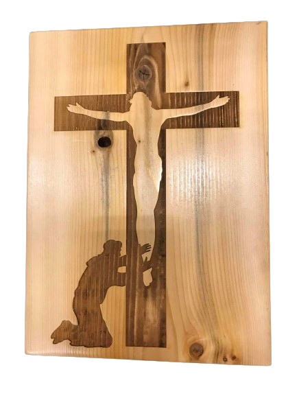 Man Kneeling to Worship at Jesus Hanging on the Cross Engraved Wooden Home Decor Sign