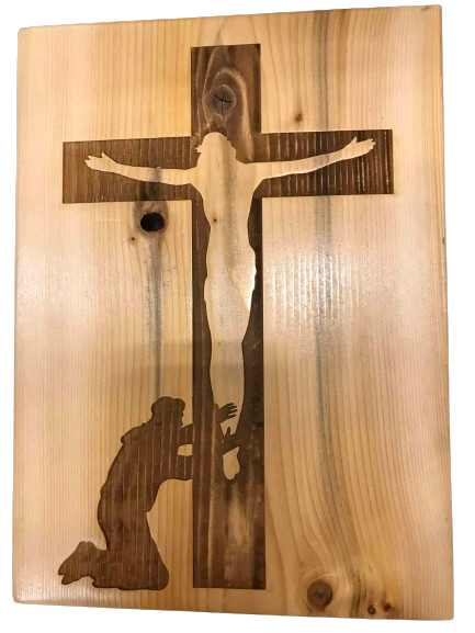 Man Kneeling to Worship at Jesus Hanging on the Cross Engraved Wooden Home Decor Sign