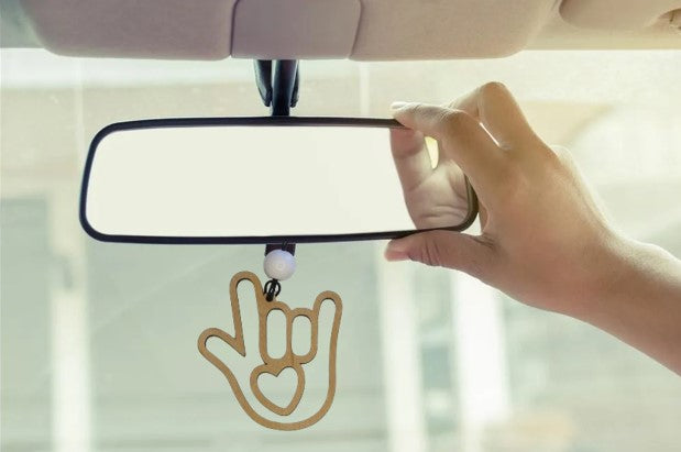 Silent Symphony: American Sign Language "I Love You" Wooden Rear View Mirror Car Charm