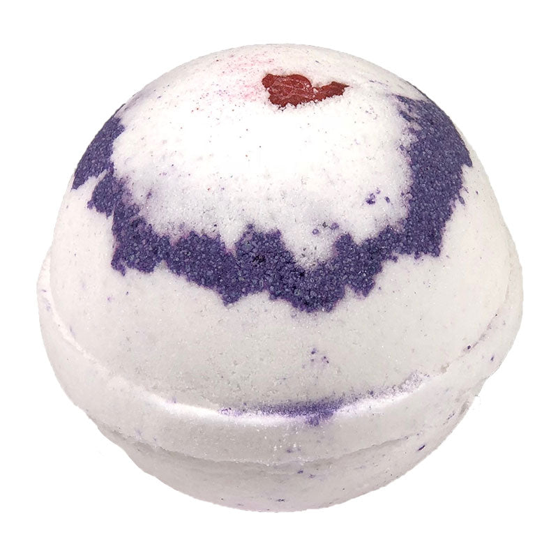 4.5 oz white bath bomb with purple swirl and red speck.