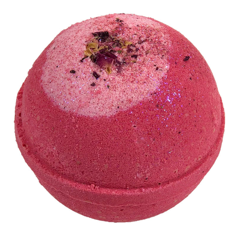 4.5 oz pink bath bomb with glitter and flower petals.