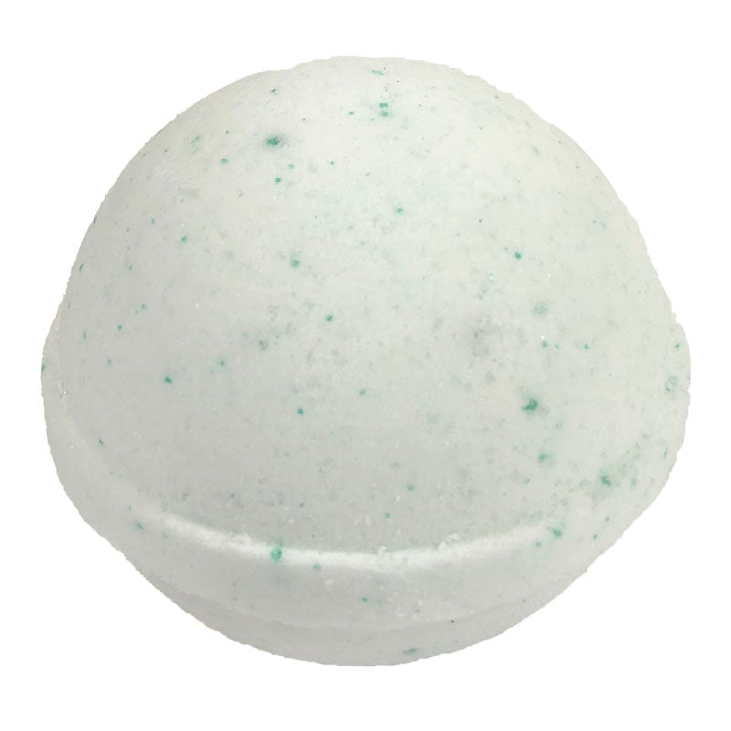 4.5oz white bath bomb with green specks.