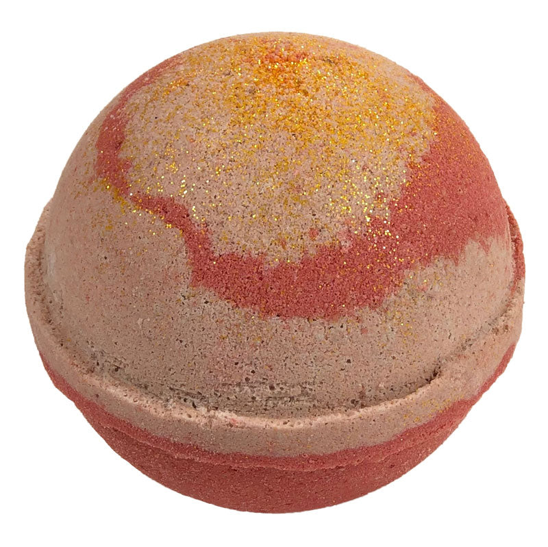 4.5 oz tan and red bath bomb with glitter