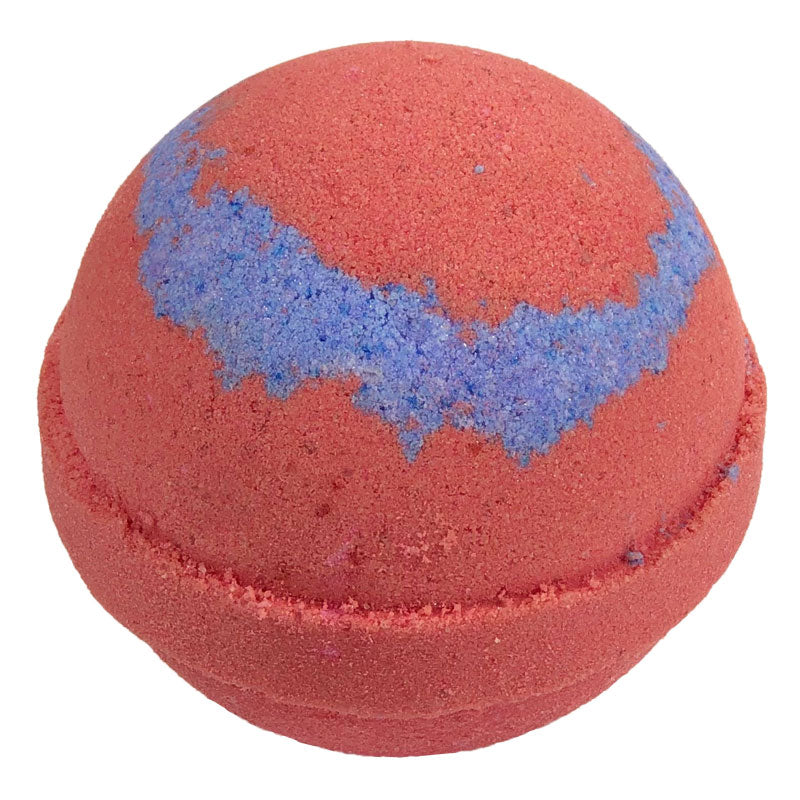 4.5oz pinkish red bath bomb with blueish purple swirl.
