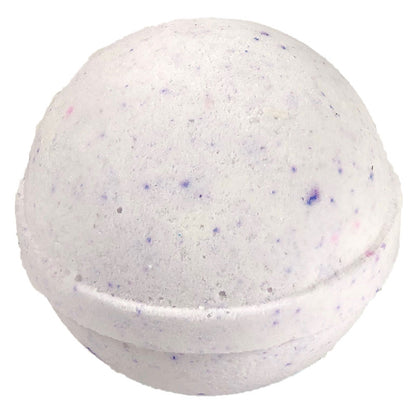 4.5 oz white bath bomb with purple specks.