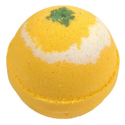 4.5oz yellow bath bomb with white swirl and green blotch.