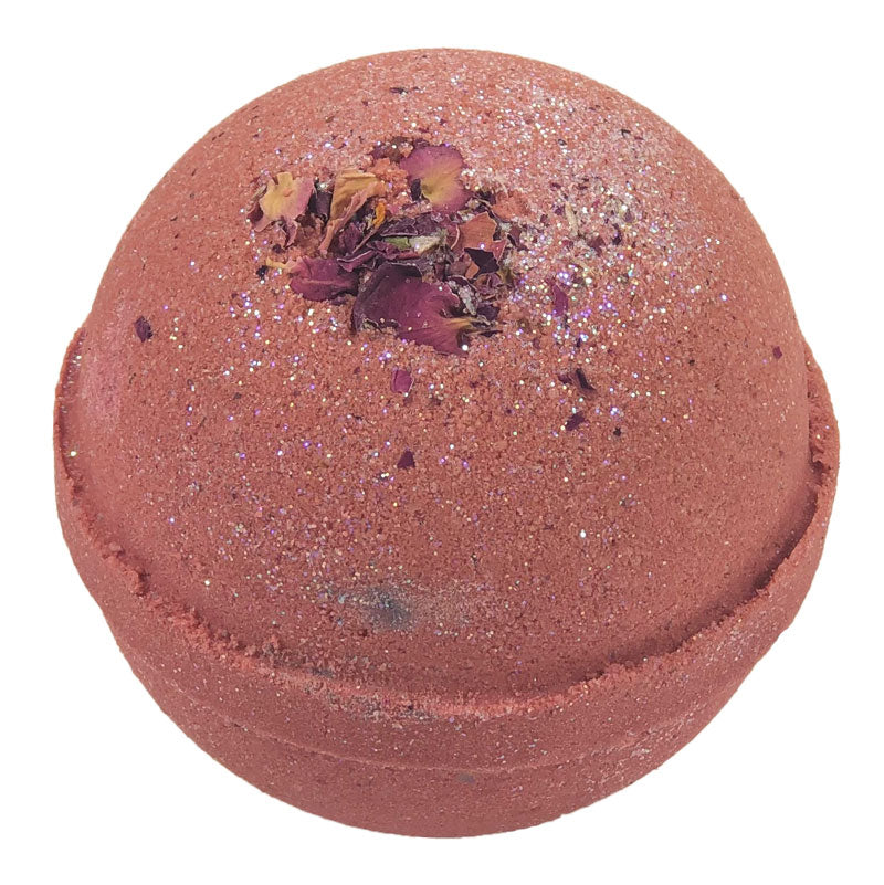 4.5oz reddish bath bomb with flower petals .