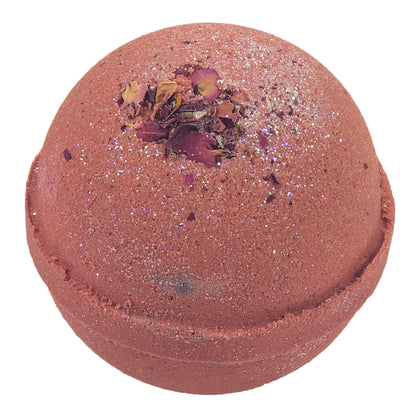 4.5oz reddish bath bomb with flower petals .