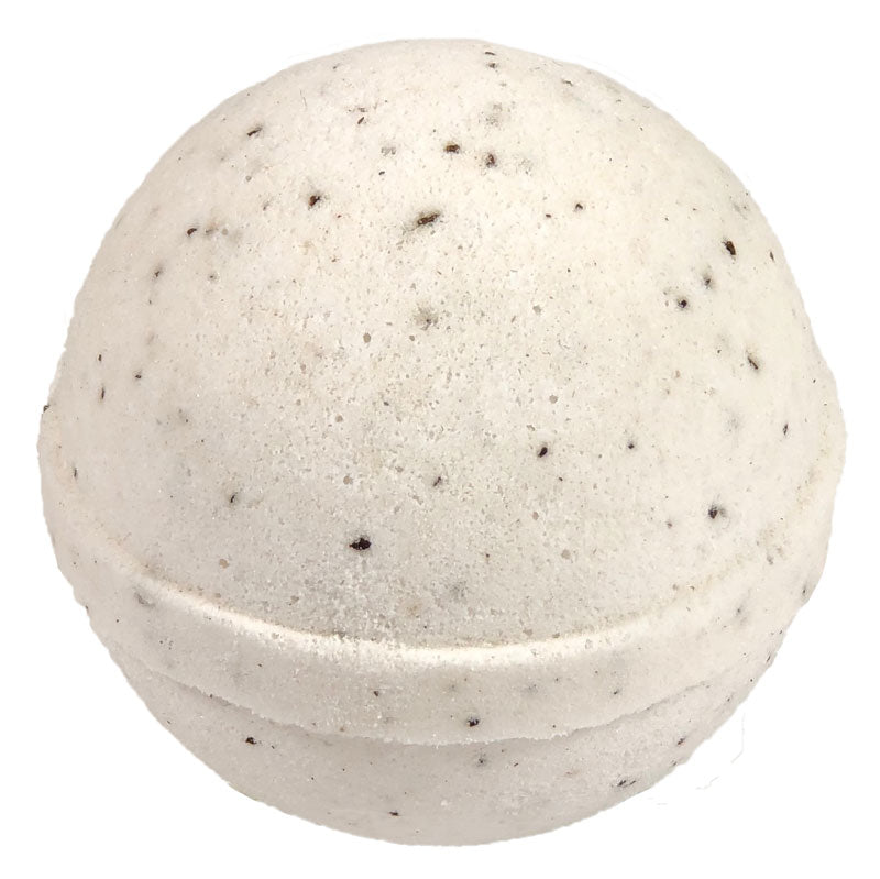 4.5 oz white bath bomb with brown specks.