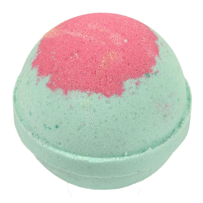 4.5oz light green bath bomb with pink blotching.