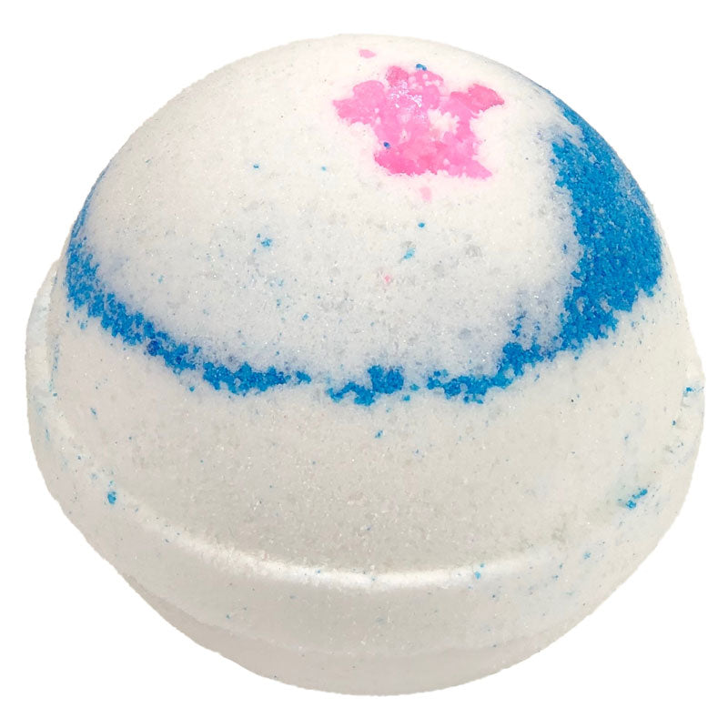 4.5oz white bath bomb with blue swirl and pink blotch.