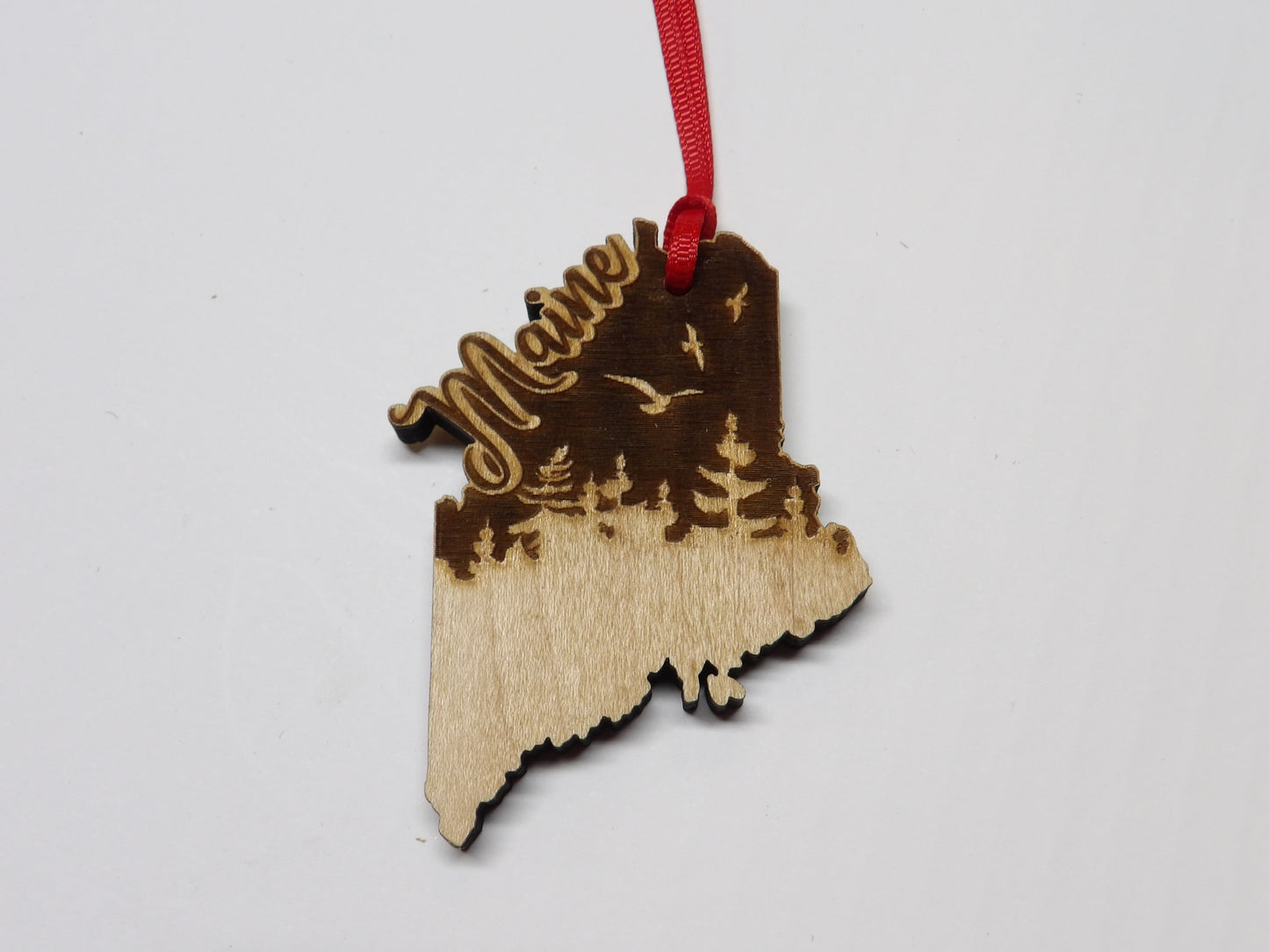 State of Maine Birds and Trees Wooden Christmas Tree Ornament