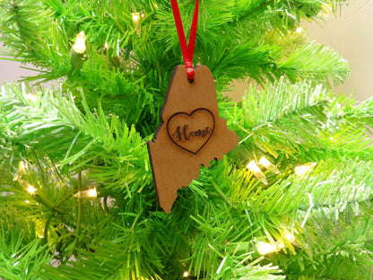 State of Maine Home Heart Wooden Christmas Tree Ornament