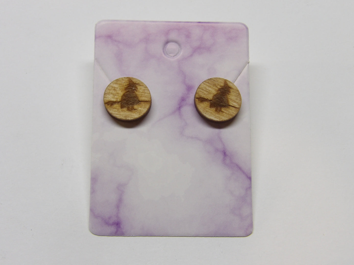 Witch on a Broom Stud Wooden Earrings