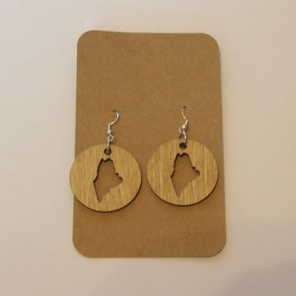 State of Maine Circle Dangle Wooden Earrings