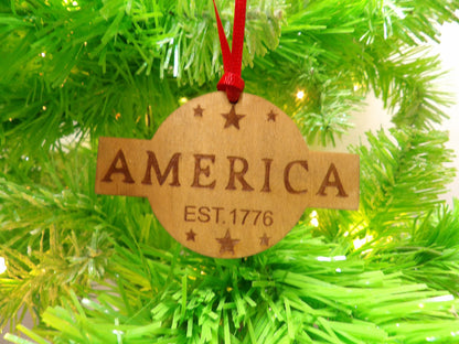 America Established 1776 Wooden Christmas Tree Ornament