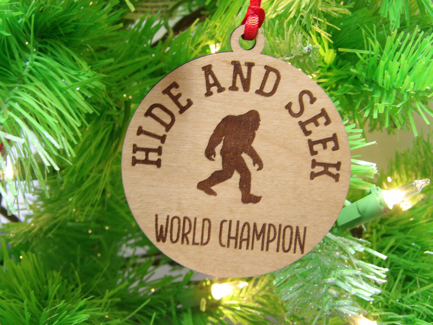 Bigfoot Hide and Seek World Champion Wooden Christmas Tree Ornament