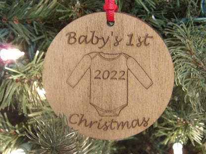 Baby's First Christmas Onesie Wooden Christmas Tree Ornament