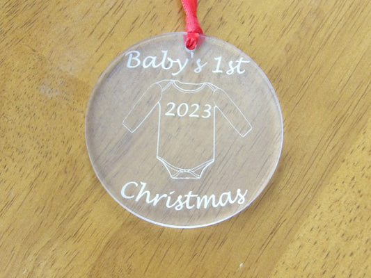 Baby's First Christmas Onesie Clear Acrylic Christmas Tree Ornament