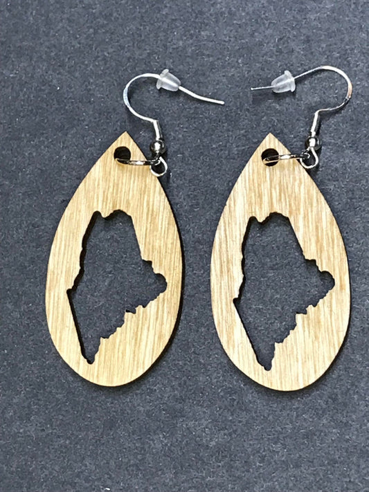 State of Maine Narrow Teardrop Dangle Wooden Earrings
