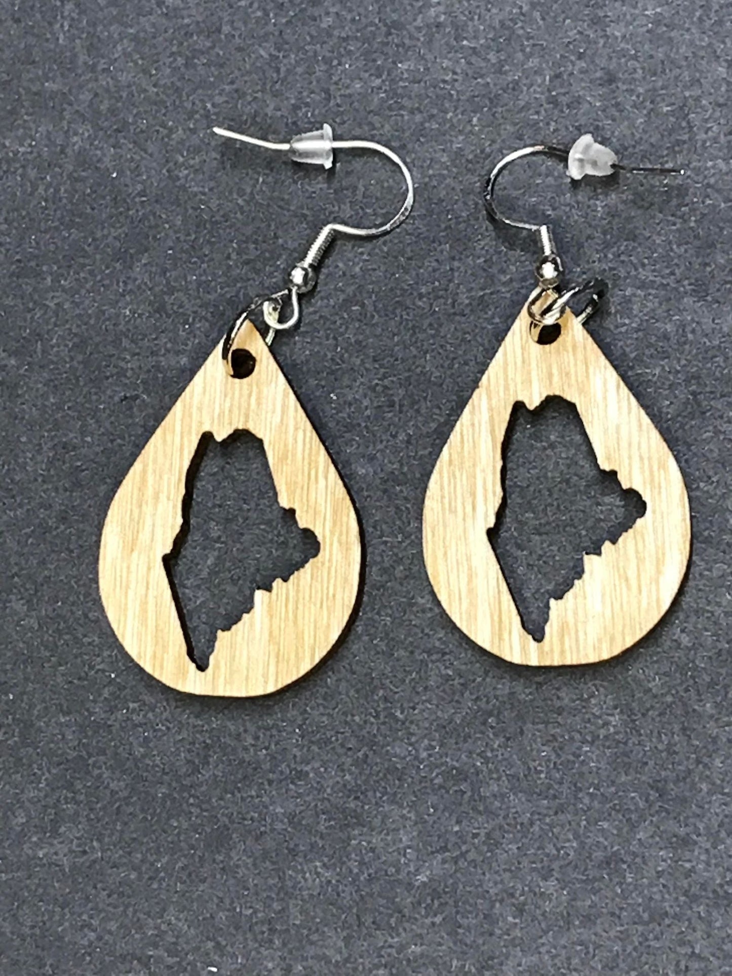 State of Maine Wide Teardrop Dangle Wooden Earrings